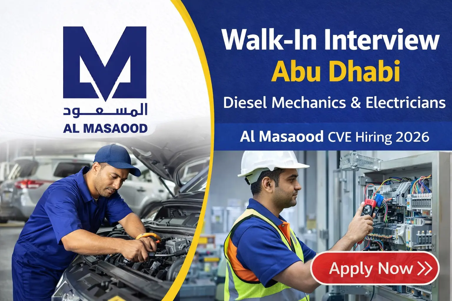 Walk-in interview for diesel mechanics and electricians in Abu Dhabi at Al Masaood CVE