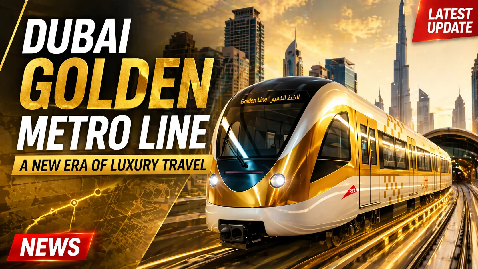 Dubai Golden Metro Line futuristic train with modern skyline and luxury transport concept