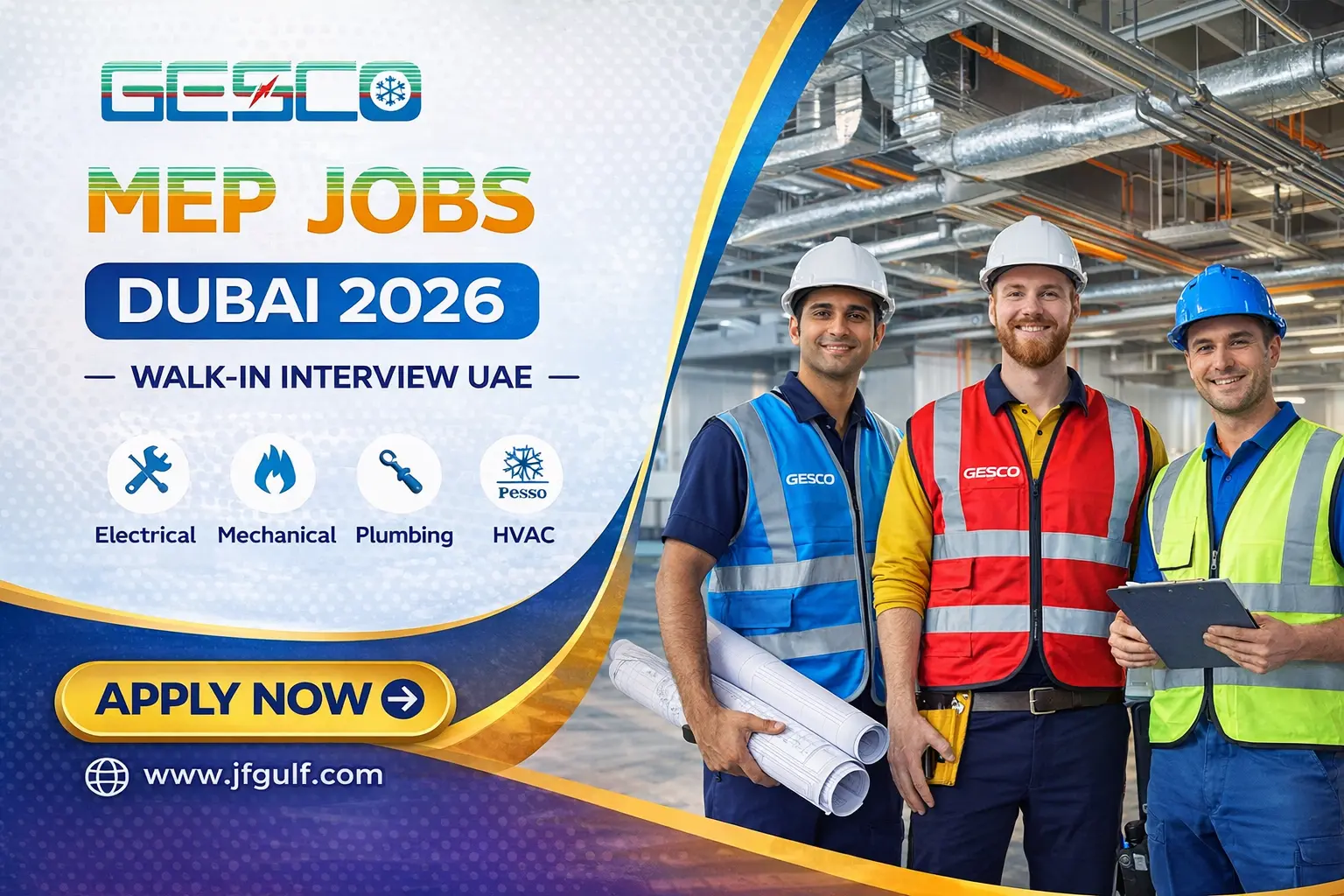MEP jobs Dubai 2026 GESCO walk in interview electrical mechanical engineer UAE