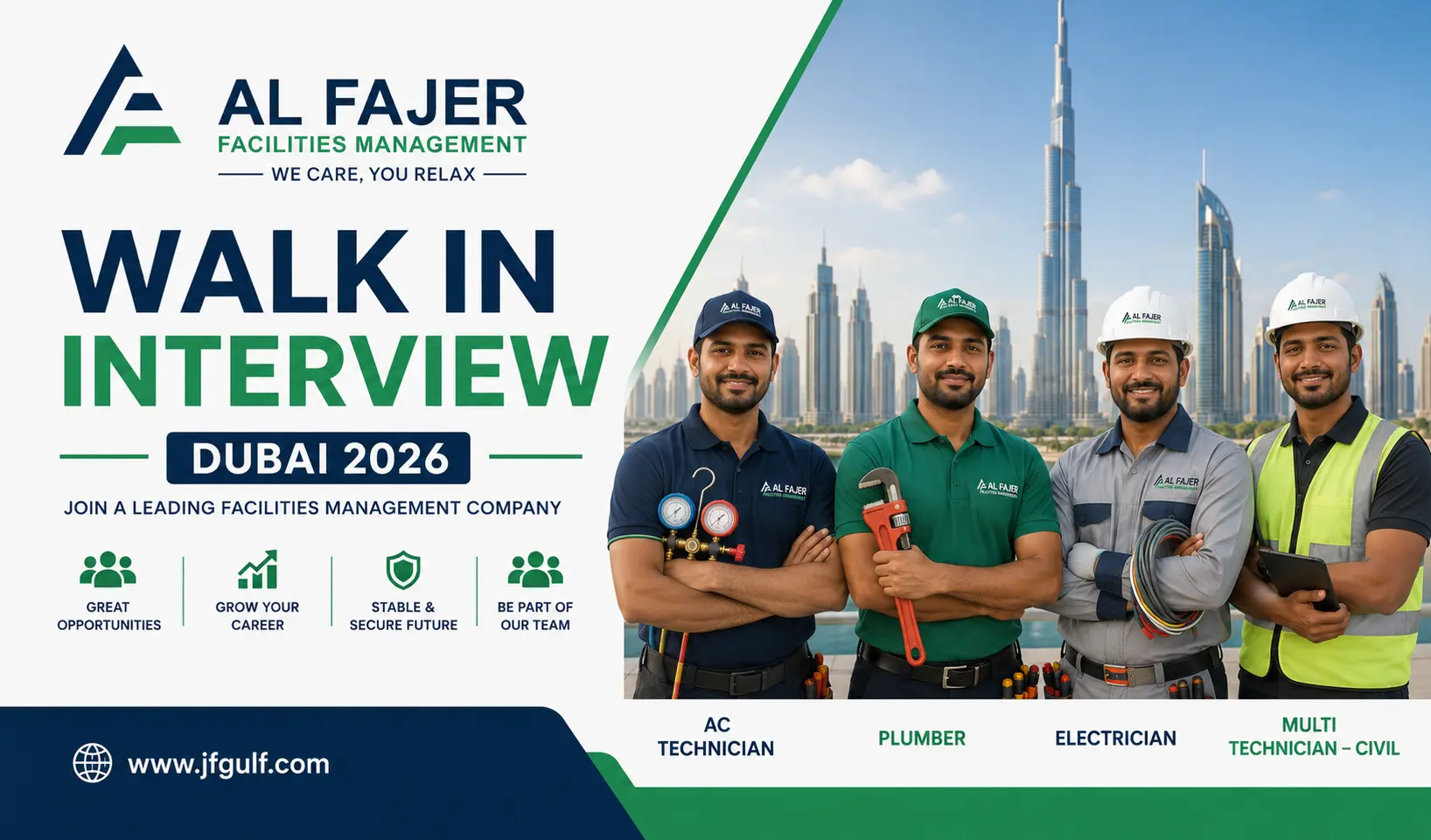Al Fajer Facilities Management walk in interview Dubai 2026 for AC Technician Plumber Electrician and Multi Technician roles in Al Quoz